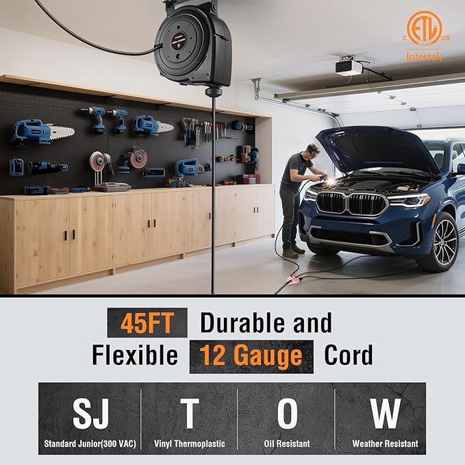 SURAIELEC 12 Gauge Extension Cord Reel, 45 FT Retractable Extension Cord, 12 AWG/3C SJTOW Heavy Duty Power Cord, 15 AMP Circuit Breaker, Lighted Triple Tap, Ceiling or Wall Mount, ETL Listed, Black