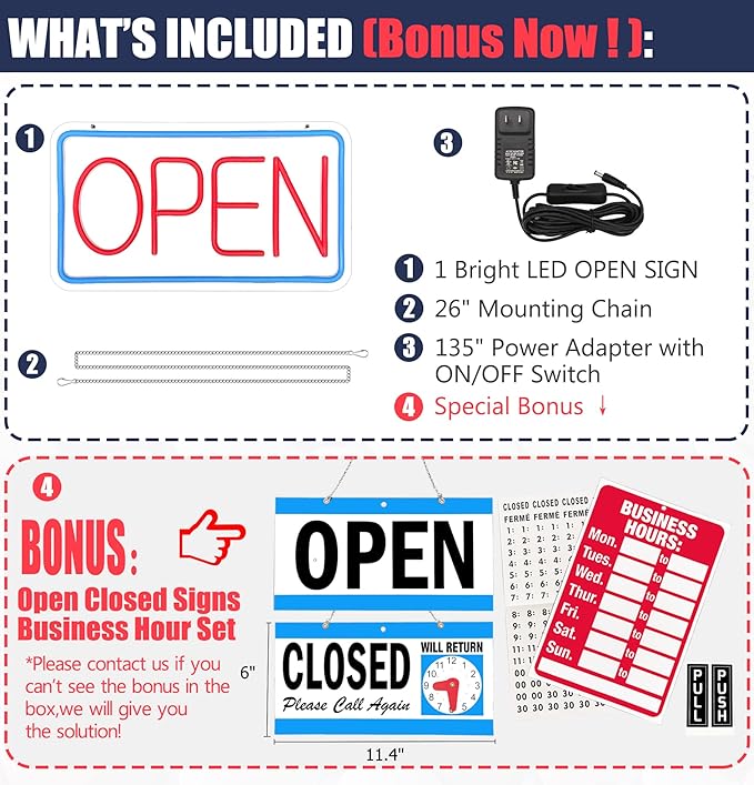 Open Signs for Business,Neon Open Sign Led,16.5"x 9",with Open/Closed Bussiness Hour Sign Set,Light for Bar Coffee Salon Store Window,12V/2A Adapter with ON/OFF Switch (Blue/Red Horizontal)