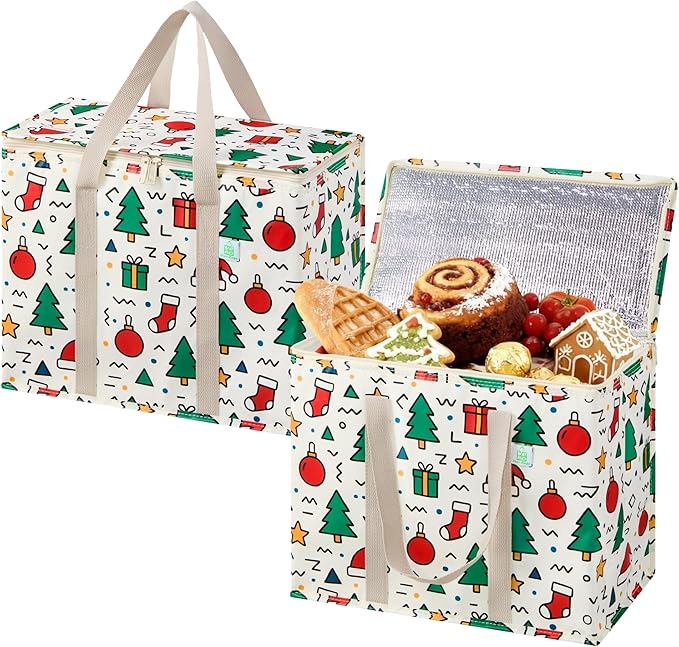 VENO 2 Pack Christmas Cooler Bag Insulated Reusable Grocery Shopping Bag, Food Delivery, Heavy Duty, Large Size, Durable Handles, Double Zippers, Lid, Collapsible (Jingle Mix, 2 Pack)