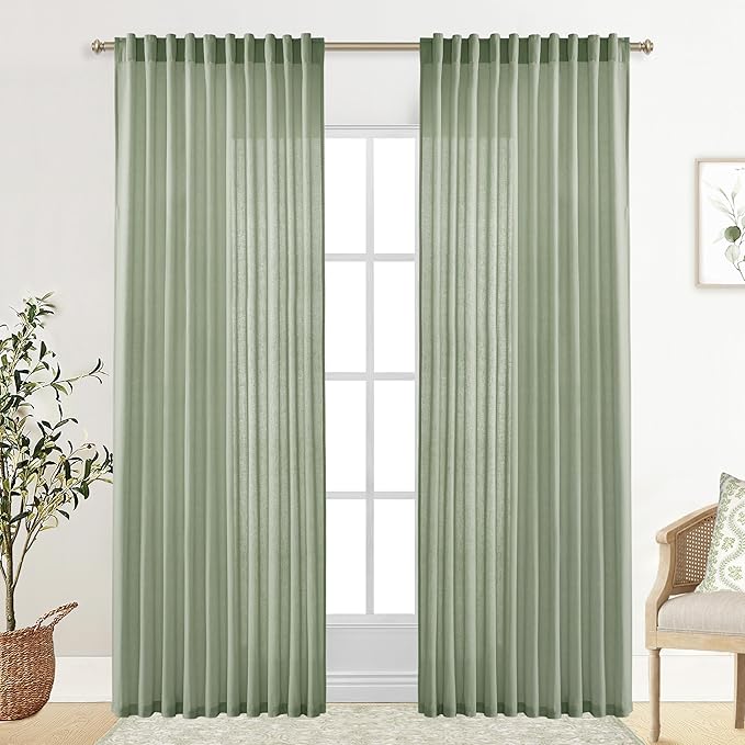 XTMYI Country Curtains for Living Room,Sheer Linen Curtains for Bedroom 90 Inches Long,70 Inches Wide Sage Green