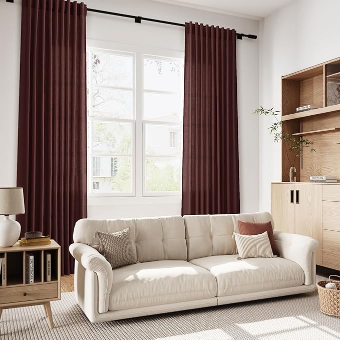 Nanspring Reddish Brown Linen Blend Light Filtering Back Tab Curtains 102 Inches Long, Semi Sheer Privacy Drapes for Living Room & Bedroom, 52x102 inch, 2 Panels
