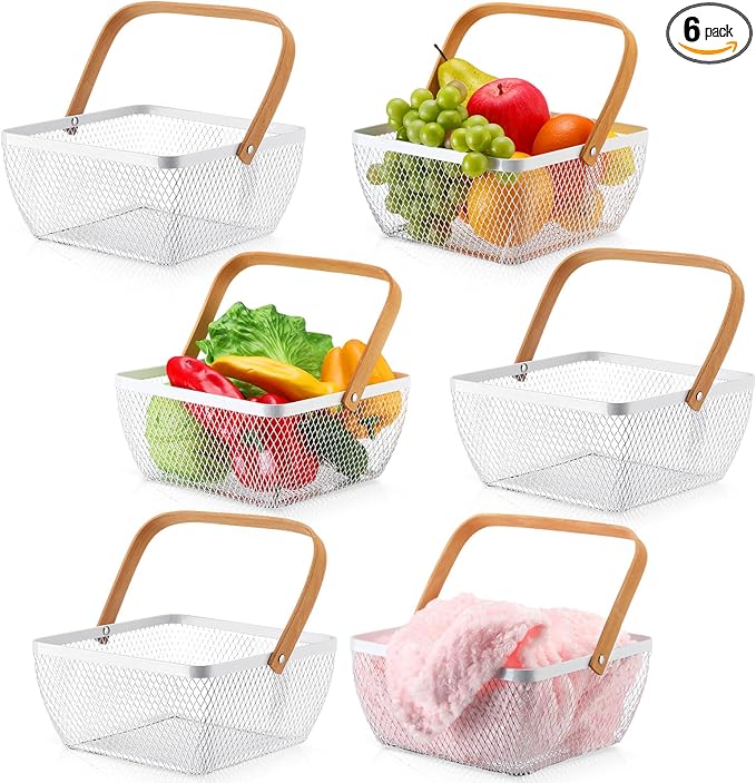 6 Pcs Metal Mesh Steel Basket with Handle Small Shopping Baskets Square Wire Harvest Storage for Kitchen Storage Garden Picnic Bathroom Organizing, 8.46 x 8.46 x 4.13 Inch(White)