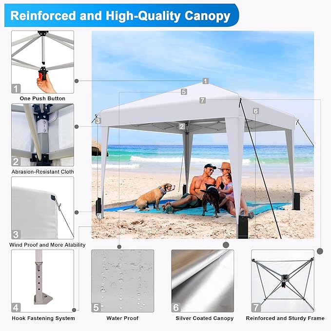 SANWAY 10x10 Pop up Canopy Tent, One-Button, Outdoor Instant Canopy Protable for Events, Camping, Parties, Vendor, Beach Tent - White
