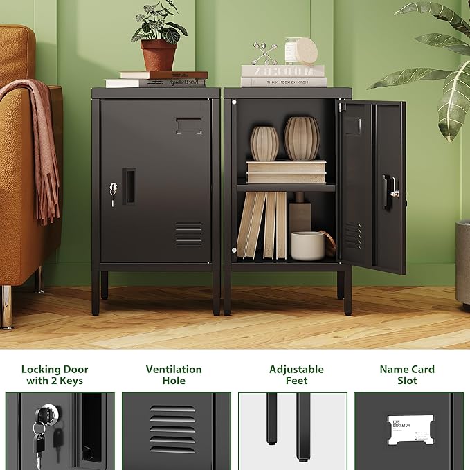 Aobabo 24.4" H Metal Locker Storage Cabinet with 1 Doors, Pantry Storage Cabinet with Adjustable Leveling Foot and Adjustable Shelves, for Kitchen, Employees, Office, Home, Assembly Required, Black