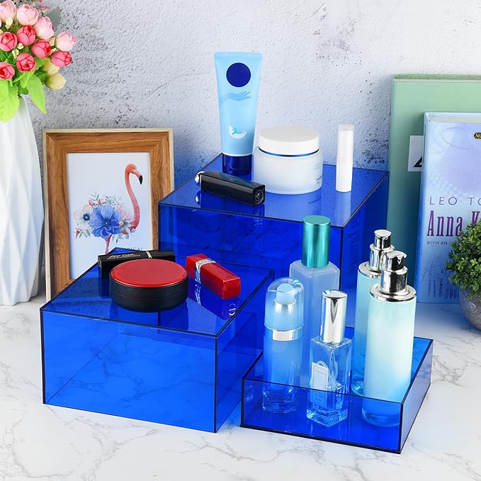 6Pcs Blue Buffet Risers Acrylic Boxes Display Risers Food Risers for Buffet Table Display Riser for Platter Parties Weddings Catering Dessert Collectibles Figures Show ( 6''x7''x8'')