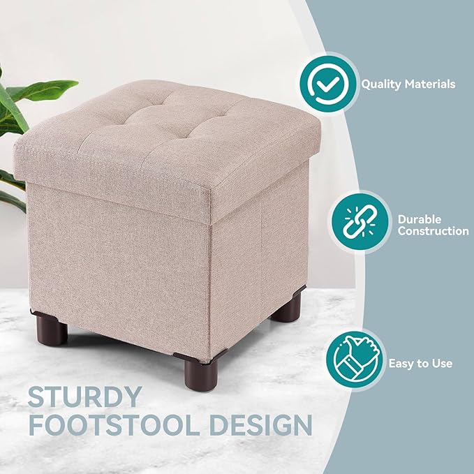 BRIAN & DANY Small Ottoman with Storage, Small Storage Ottoman, Folding Foot Stool with Wood Legs for Living Room and Bedroom Linen Rest Seat, 12.6"x12.6"x12.8" - Beige