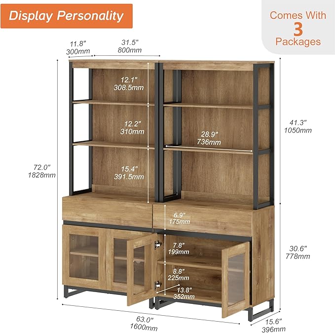 WAMPAT 2 PCS Modern 72" Tall Bookcase with 2 Drawers and Open Book Shelfs, Library Book Shelf with Storage Cabinet and Glass Doors, Wood Freestanding Bookshelves for Home Office, Living Room, Oak
