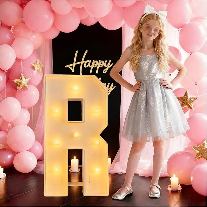 3FT/36 Inch Marquee Light up letters with Warm Lights,White Marquee letter A-Z for Birthday Party Large Mosaic Frame Letter Cardboard Pre-Cut Foam Board Sign Diy Decorations Anniversary (R)
