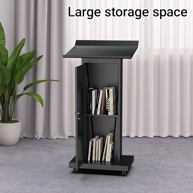 Tredre Metal Podium Stand with Wheels, Heavy-Duty Rolling Lectern for Classroom, Church & Office Presentations, Large Top, Locking Casters, Stable Base