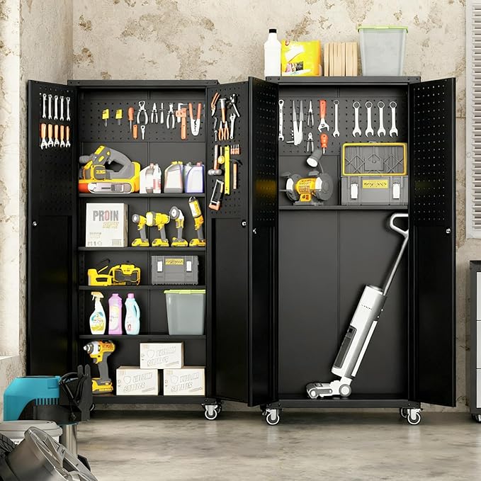 71'' Garage Storage Cabinet on Wheels Black Metal Tool Cabinets with Locking Doors and 3 Adjustable Shelves,Heavy Duty Tall Rolling Steel Cabinets for Garage Warehouse Basement Office