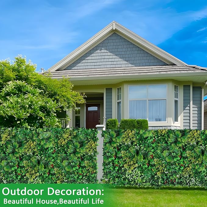 Artificial Grass Wall Panels, 20''x20'' 8pcs Boxwood Wall Panels with Tropical Leaves, Faux Greenery Privacy Fence Screen, Grass Backdrop for Outdoor Indoor Garden Birthday Wedding Decor