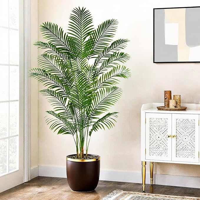 Artificial Palm Tree 6FT Artificia Plants Indoor Fake Trees Tropical Fake Plam Tree Areca Floor Plant in Black Pot with 18 Trunks & Real Bark Design Faux Palm Plant for Outdoor Home Room Decor