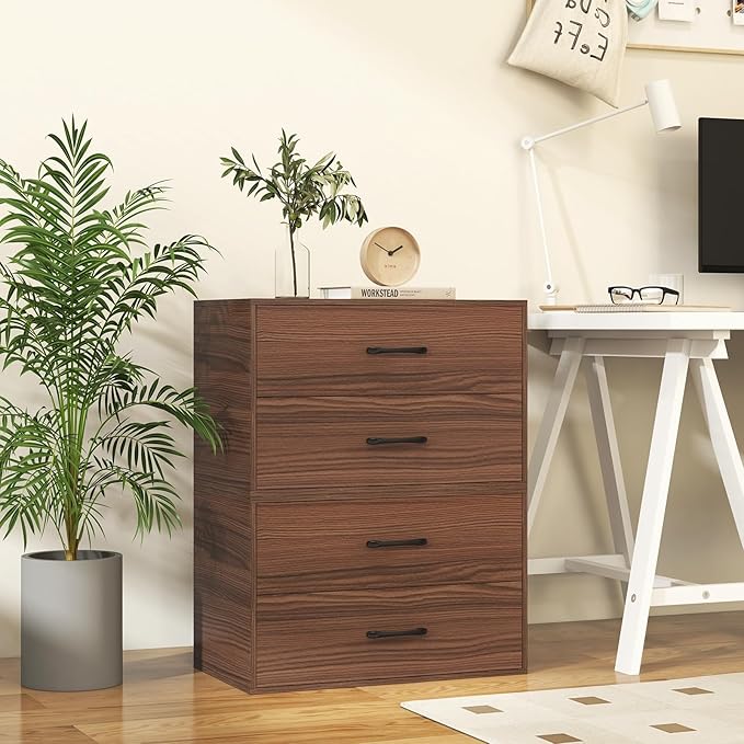 GOFLAME Stackable 2-Drawer Dresser Set of 2, Wood Horizontal Storage Organizer with Metal Handle & Smooth Sliders, Lateral File Cabinet with Anti-tilt Kit for Bedroom Office, Walnut