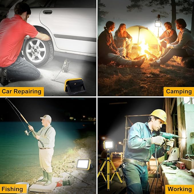 2 Pack 40W Rechargeable Work Light, 2400LM LED Work Light Battery Powered, Portable Flood Light with Stand Waterproof Job Site Lighting for Camping, Fishing, Hiking, Car Repaire with Emergency