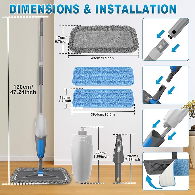 Spray Mops for Floor Cleaning - Microfiber Wet Dry Dust Mop for Hardwood Laminate Wood Tile Vinyl Floors with 3 Washable Pads fit for Swiffer PowerMop