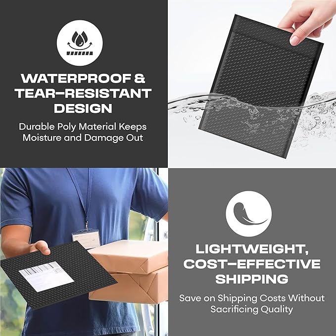 Black Small Poly Bubble Mailers 6x10 inch #0 | Self Seal Padded Envelopes | Cushioned Bubble Mailer | Usable Size 6x9 | WaterProof | Lightweight mailing Shipping Bags | 250 Pack Bulk