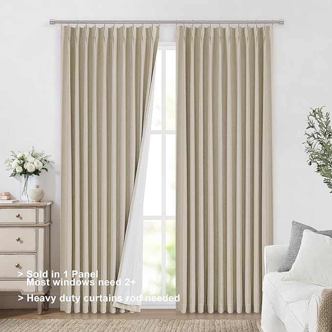 Vision Home Sand Pinch Pleated Full Blackout Curtains Linen Blended Room Darkening Window Curtains 112 inch for Living Room Bedroom Thermal Insulated Pinch Pleat Drapes with Hooks 60" Wx112 Lx1