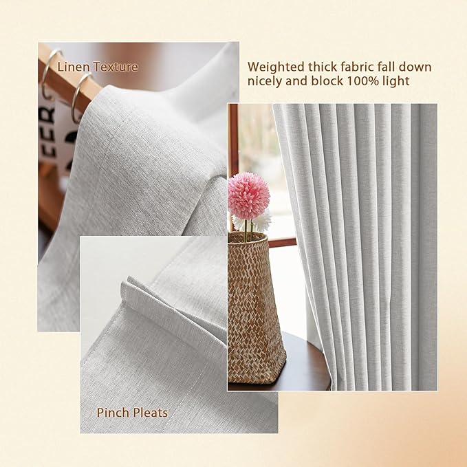 Textured Linen Pencil Pleated 100% Blackout Curtains for Bedroom/Living Room Blackout Curtains 120 Inches Long, Energy Saving Window Treatment Curtains,26Wx120Lx2,White Beige
