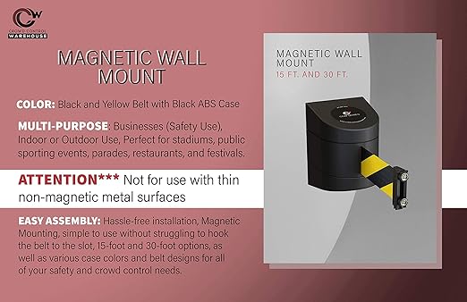 Crowd Control Warehouse - CCW Series WMB-230 Magnetic Wall Mount Retractable Belt Barrier - 30 Foot, Black and Yellow Safety Belt with Black ABS Case