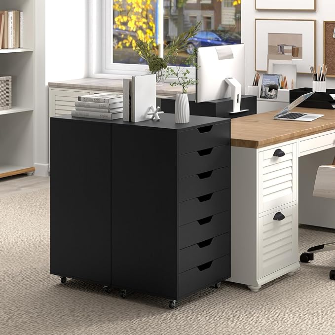7 Drawer File Cabinet, Mobile Filing Cabinet w/Universal Wheels, Wood Printer Stand with Storage, Rolling File Cabinets for Home Office, Living Room, Bedroom (Black, 7 Drawers)