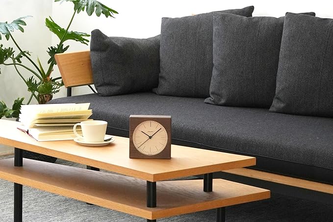 Wooden Desk Clock Japanese Handcrafted Solid Wood Clock Silent Non-Ticking Battery Operated Modern Decorative for Living Room Bedroom Office LINE Desk Clock CH-075 (Dark Brown)