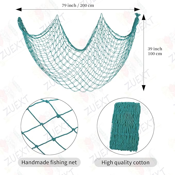 ZUEXT Aqua Decorative Fishing Net 80x40 Inch, 2 Pack Large Picture Fish Net, Wall Photo Hanging Fishnet for Nautical Mermaid Pirate Ocean Themed Hawaii Beach Under the Sea Party Decorations