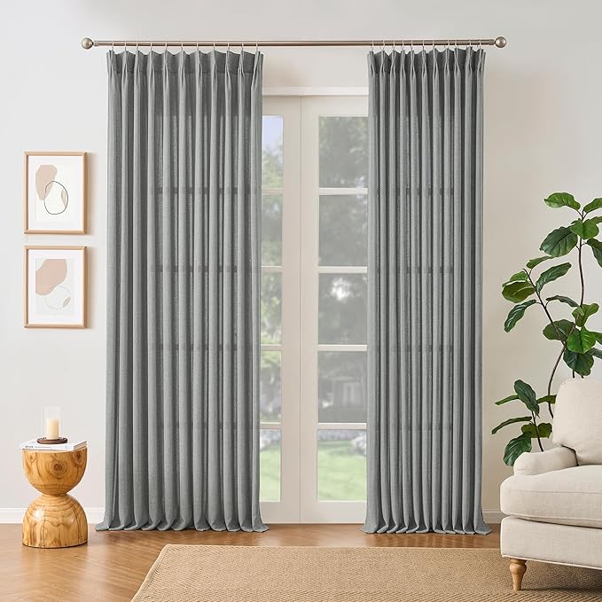RAIN CITY Grey Linen Curtains 105 Inch Length 2 Panels, Soft Thick Linen Textured Window Drapes for Bedroom Living Room Semi Sheer Light Filtering Back Tab Pinch Pleated with Hooks 50x105