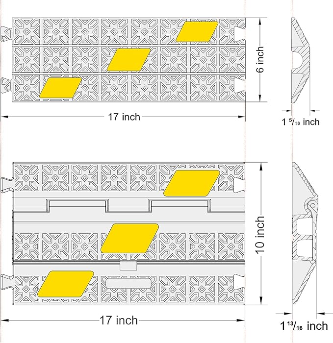 6 Pack 1-Channel Rubber Cable Protector Ramp, 17" x 6" x 1.3" inch Interlocking Floor Wire Cord Cable Cover, Visible at Night, Durable Rubber Speed Bump Hump Ramp (1-Channel 6 Pack)