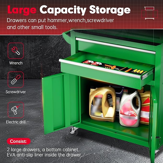 Superday Metal Tool Chest, 8 Drawer Rolling Tool Chest with Wheels, Detachable Tool Storage Cabinet with Lock for Garage, Steel Tool Cart with Liner & Hooks for Workshop, Warehouse (Green)