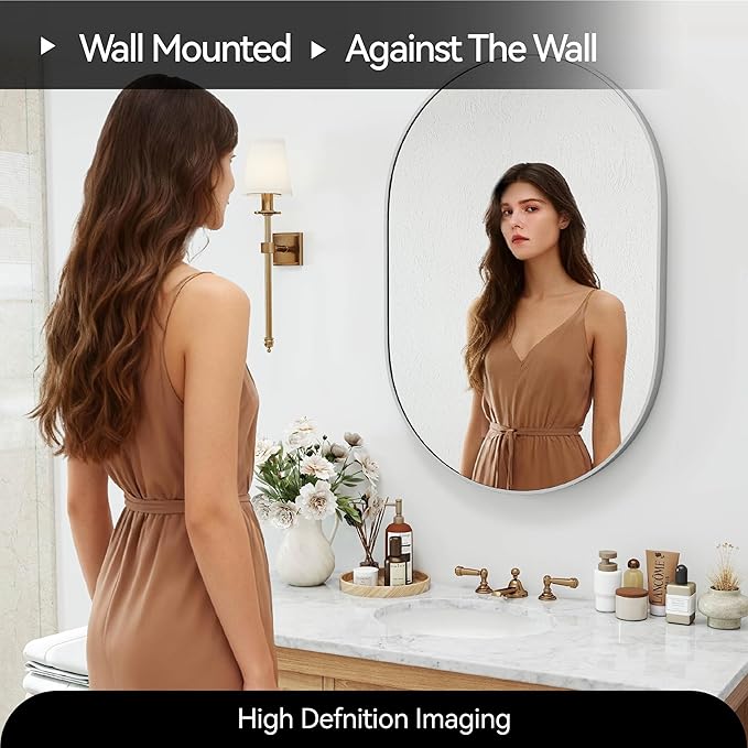 36x24 Mirror Runway Oval Wall Mounted Aluminum Alloy Metal Frame Rectangle Mirrors for Entryway Bedroom Bathroom Living Room 36 24 inch Silver