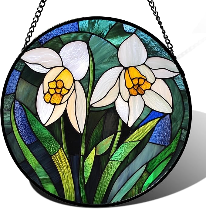 Stained Glass Window Hanging - White Snowdrops Birth Flowers Suncatcher for Doors Garden Patio Sun Catchers Decor Christmas Mother's Day Birthday Gifts for Women Men Mom Nana Friend 7.8 in