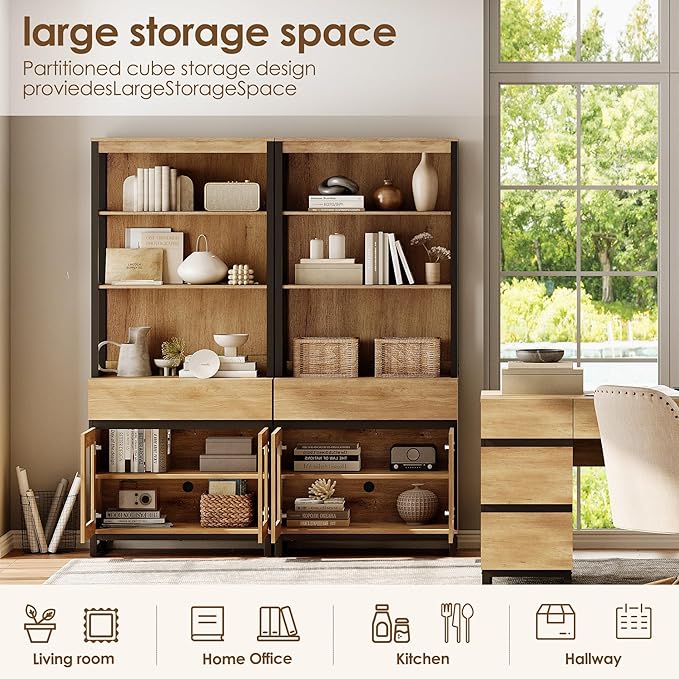 WAMPAT 3 PCS Modern 72" Tall Bookcase with 3 Drawers and Open Book Shelfs, Library Book Shelf with Storage Cabinet and Glass Doors, Wood Freestanding Bookshelves for Home Office, Living Room, Oak