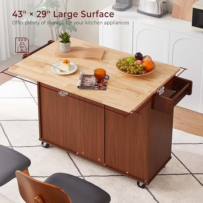 Lyromix Walnut 54" Rolling Kitchen Island Cart with Storage, Large Kitchen Cart with Folding Drop Leaf Breakfast Bar, Wood Island Table with 3 Drawers and Spice Rack & Towel Rack, Brown