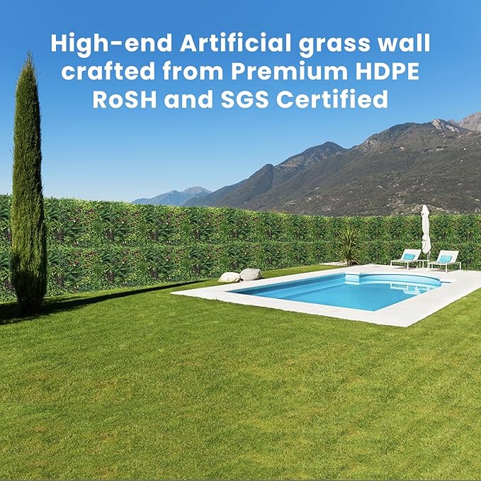 Artificial Boxwood Panel 8 Pieces 20"x20", Green Grass Wall Backdrop Wall for Fence Patio Backrop Balcony, Faux Ivy Privacy Fence Screen, 5 PCS Vines, 60 PCS Violet Flower, 2 PCS Light Strip