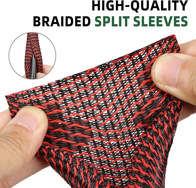 Split Wire Loom Tubing, Cable Protector Sleeve, Braided Cable Management for TV/Computer/Home Theater/Engine Bay, Cord Protectors from Pets No Chew (Red and Black, 1"-25ft)