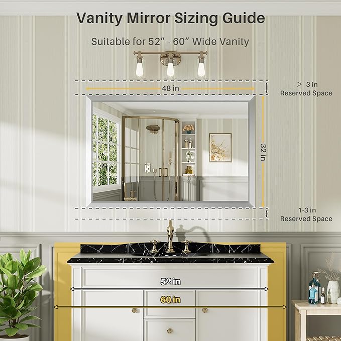48x32 Inch Brushed Nickel Bathroom Mirror for Wall, Thick Metal Framed Rectangle Mirrors for Over Sink, Bedroom, Living Room, Entryway, Anti-Rust, HD Tempered Glass