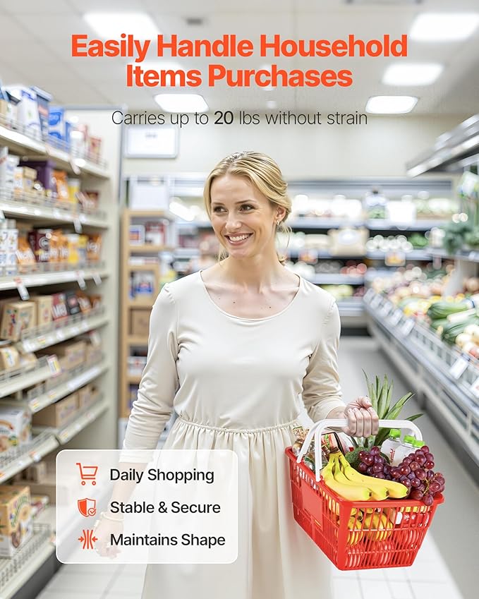 VEVOR Shopping Baskets, 4 PCS, 21L Stackable PE Plastic Grocery Baskets with Handles, Dense Mesh Structure, Holds up to 20 lbs, Portable for Grocery, Retail, Stores, Supermarket, Home Use, Red