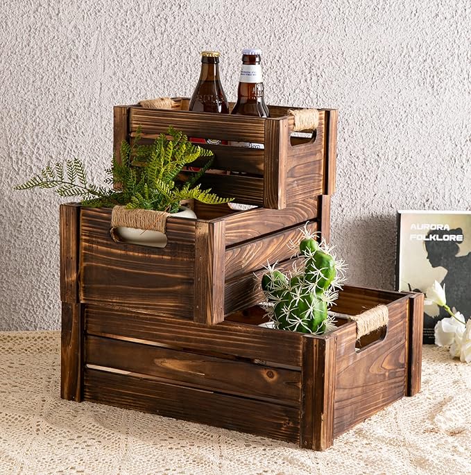 TIMRIS Set of 3 Rustic Wood Nesting Crates, Farmhouse Wooden Storage Container Boxes with Cutout Handles, Decorative Wooden Baskets for Display (Rustic Brown)