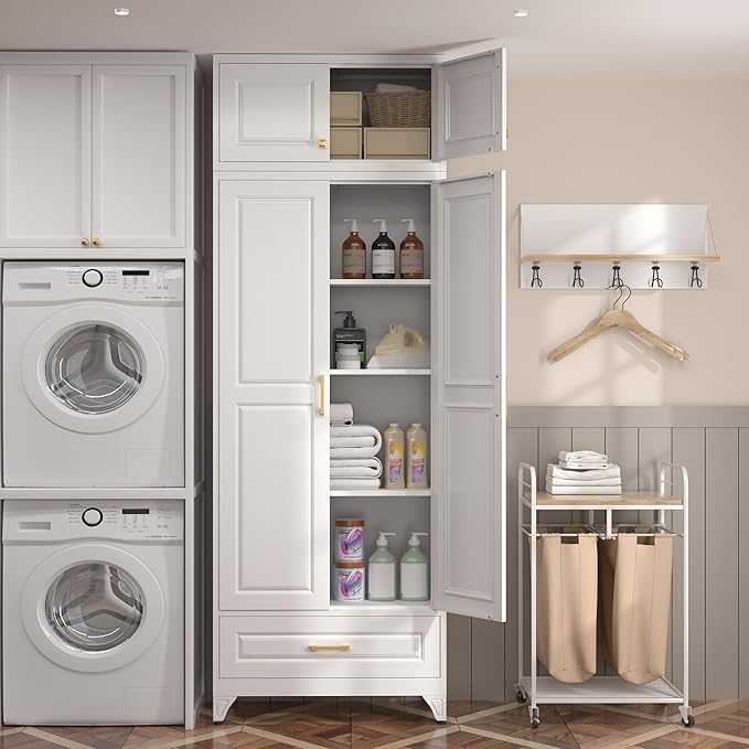 90" Kitchen Pantry Cabinet with Drawer, Metal Storage Cabinets with Doors and 4 Adjustable Shelves,White Kitchen Cabinet with 2 Gold Handles,Food Cupboard for Livingroom,Pantry, Bathroom