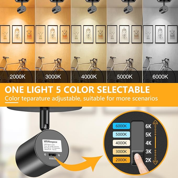 VANoopee 5-Color Dimmable Ceiling Spotlight Flush Mount Adjustable Directional LED Spot Lights Indoor Bright Accent Fixture for Art Picture Living Room - CRI90 24° Flicker Free 10W 800lm Black 2 Pack