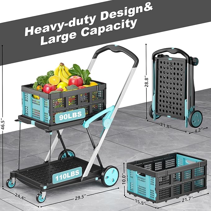 Foldable Shopping Cart, 200 lbs Capacity Grocery Carts on Wheels with Collapsible Crate Heavy Duty Collapsible Cart with Foot Brake for Groceries, Office, Warehouse and Supermarket