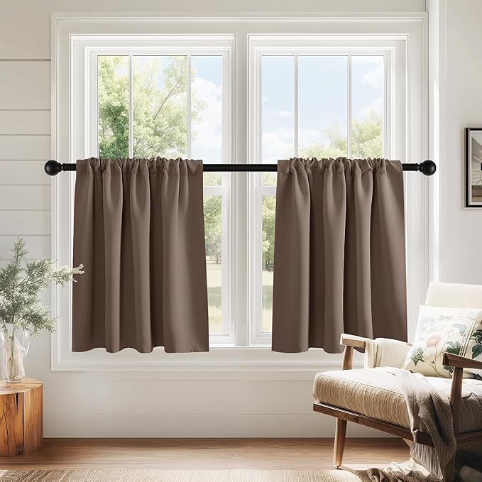 PONY DANCE Blackout Short Cafe Curtains for Bathroom - Light Block Privacy Drapes for Kitchen,Bedroom Window Decor, W 29 x L 24, Mocha, 1 Pair