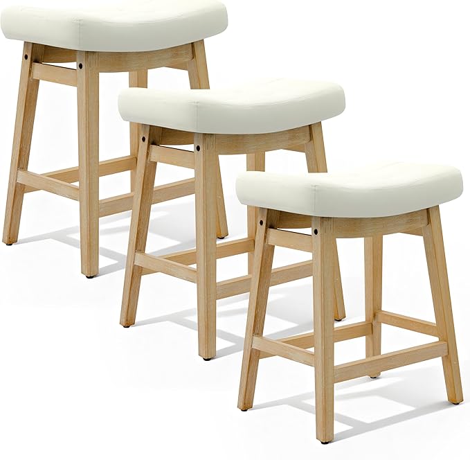 Counter Height Bar Stools Set of 3 for Kitchen Counter Backless Farmhouse Kitchen Island Barstools with Upholstered Faux Leather Saddle Seat and Solid Wood Legs Modern 24 inch Bar Chairs, White