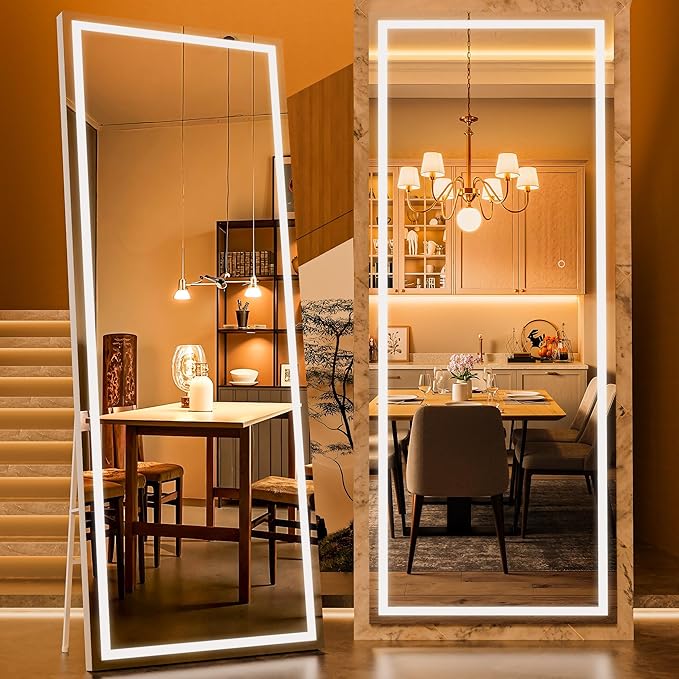 Full Length Mirror with Lights, 71" x 28" LED Lighted Floor Standing Body Mirror, Dimmable & 3 Color Lighting for Bedroom, Cloakroom, Dressing Room, Tempered Glass, Square White