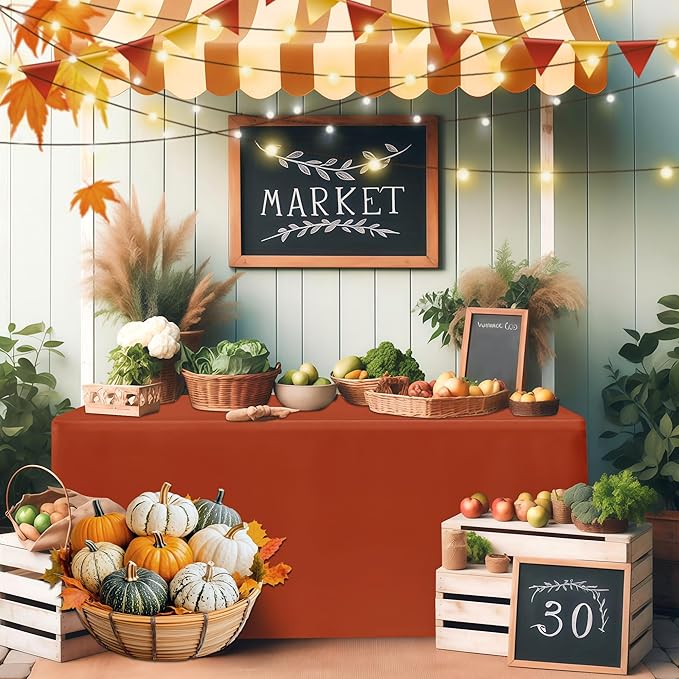 HolidayIdeas 4 Pack Fitted Tablecloth for 6ft Tables, Rust Table Cover for Christmas Vendor Booth Display, Market Stall, Craft Fair, Fall Festival, Wrinkle Resistant with Professional 4-Sided Coverage