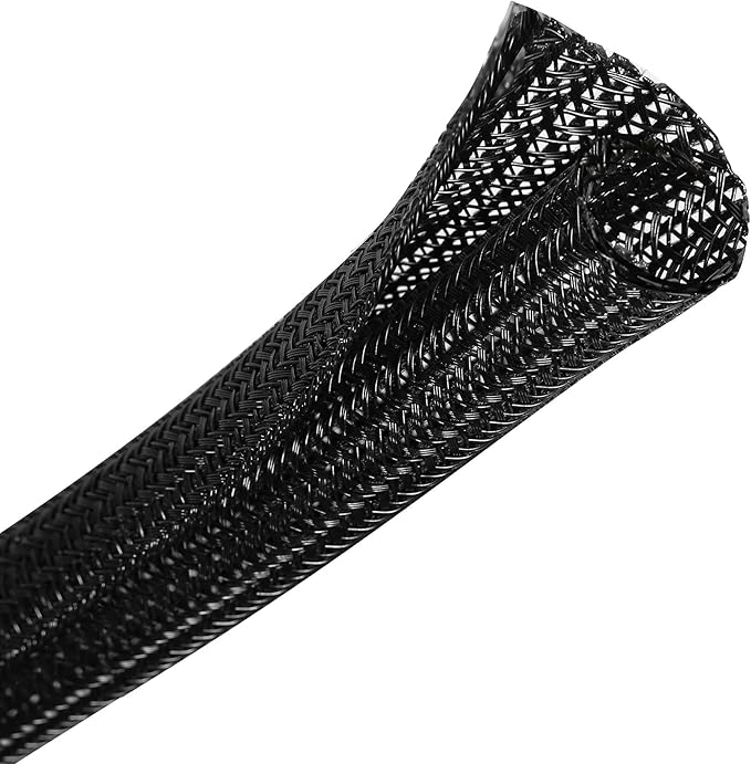CrocSee 25ft - 1.25 inch Braided Cable Management Sleeve Cord Protector - Self-Wrapping Split Wire Loom for TV/Computer/Home Theater/Engine Bay - Black