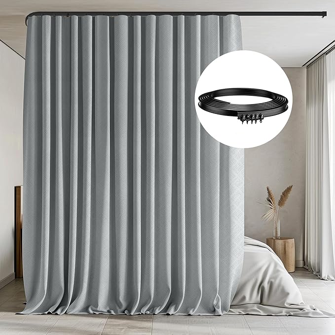 Room Divider Curtains with Flexible Ceiling Tracks Set,Blackout Curtain Ceiling Mount Curtain Track Privacy Room Dividers Ceiling Track Curtain Rod(Grey Drape & Black Rail W 8.3 × H 7 FT)