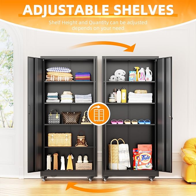 INTERGREAT Metal Storage Cabinet with Wheels, 72" Garage Storage Cabinets with Door and 4 Shelves, Tool Storage Locker on Caster for Home, Office, Black
