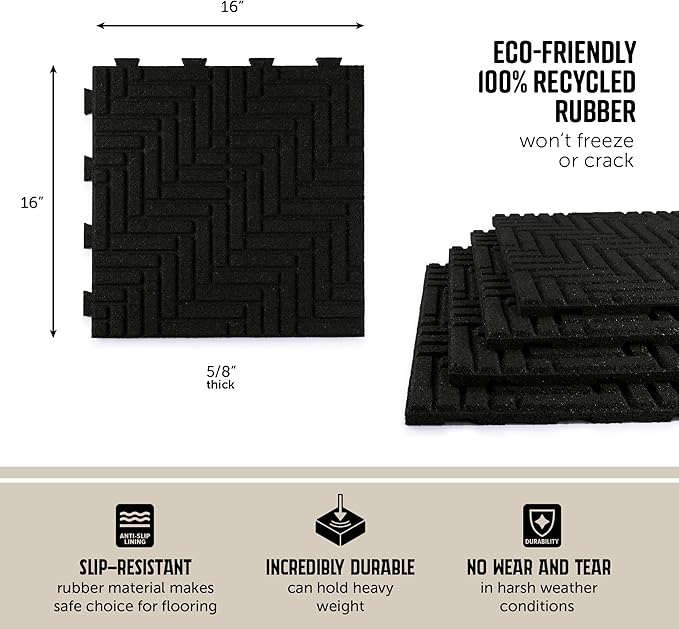 Playsafer Herringbone Rubber Interlocking Tiles | 16 X 16 | Easy Install for Indoor and Outdoor Use (Black, 1 Tile)