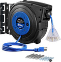 Retractable Extension Cord Reel, 45 FT Heavy Duty Power Cord, 12AWG/3C SJTOW, 3 Grounded Outlets Lighted Triple Tap, 15 Amp Circuit Breaker, UL Listed, Blue U45CR06